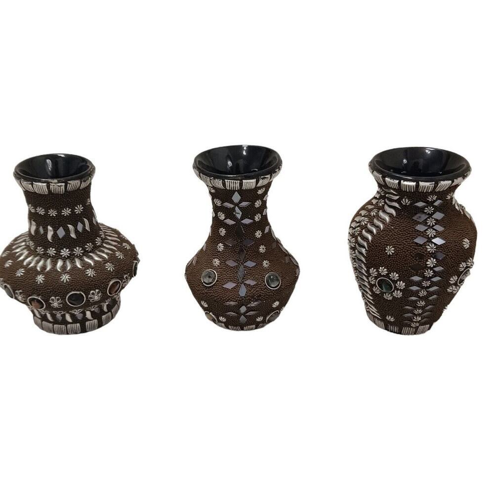 3 MOROCCAN 4" Bud Vase Brown Glass Overlay EXOTIC Boho Tribal Artsy Asian Decor